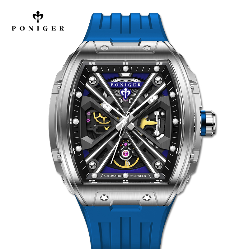 Luxury Watch On Rubber Strap - PONIGER Lüks Otomatik Mekanik erkek saati